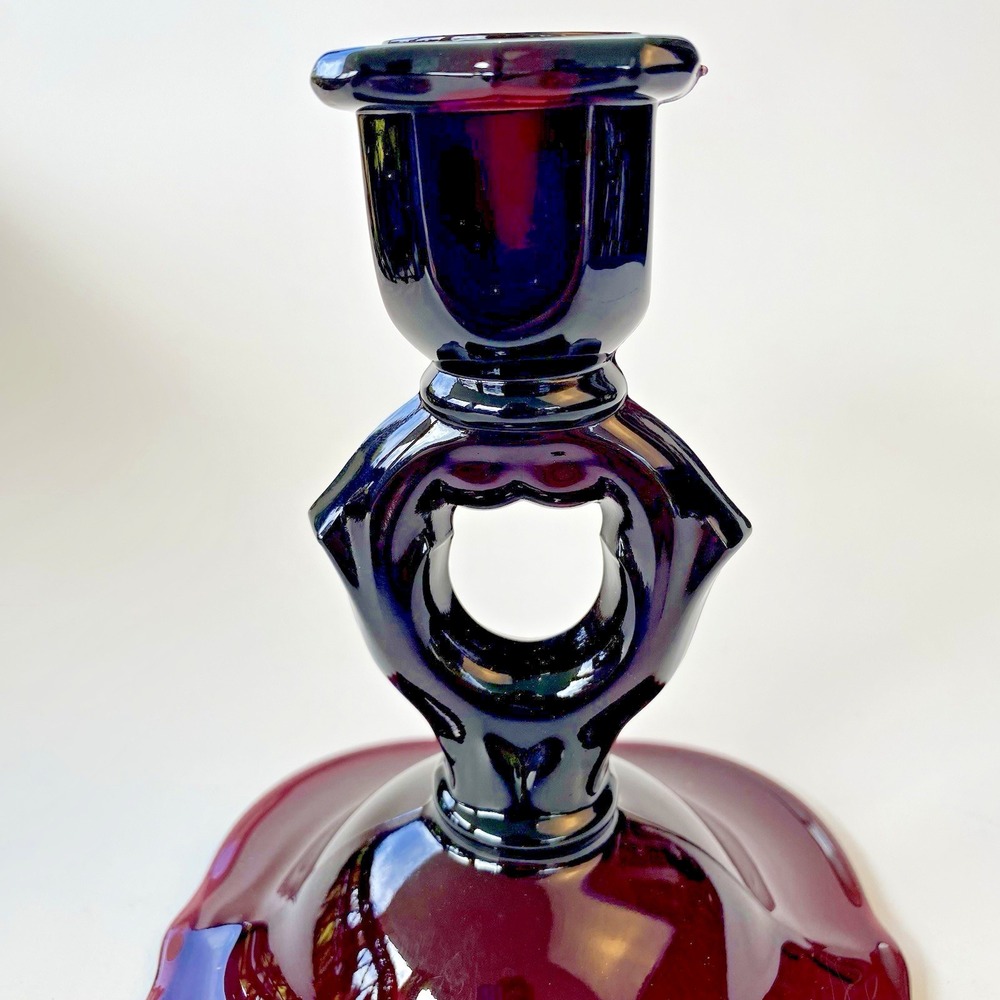 Amethyst Glass Candlestick Paden City Vintage Crow's Foot Bell Footed Key Hole